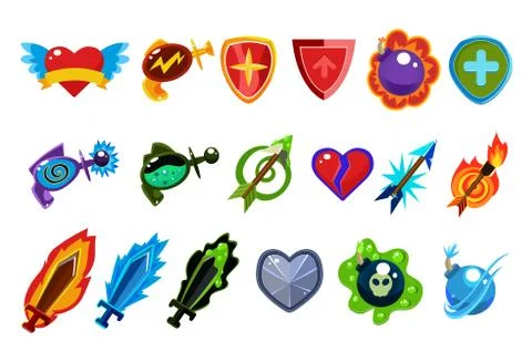 Colorful game interface elements. Heart with wings, bottles with potions Stock Illustration