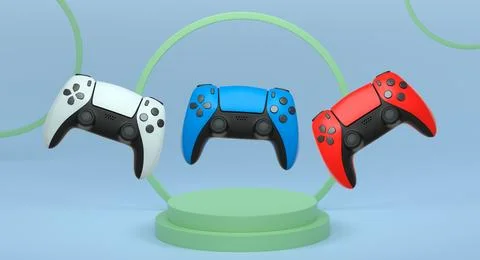 Colorful gaming controllers joystick levitating over podium against abstrac.. Ilustração Stock