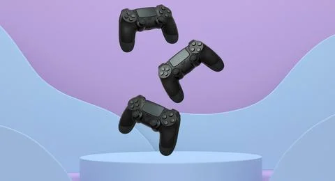 Colorful gaming controllers joystick levitating over podium against abstract  Ilustração Stock