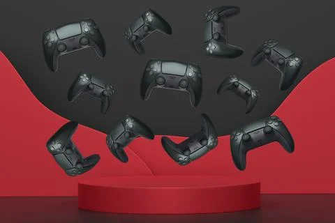 Colorful gaming controllers joystick levitating over podium against abstrac.. Ilustração Stock