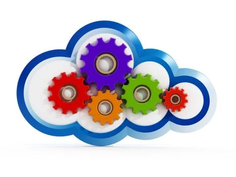 Colorful gears inside cloud shape. 3D illustration Stockillustratie