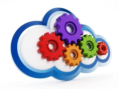 Colorful gears inside cloud shape. 3D illustration Colorful gears inside c... 写真素材