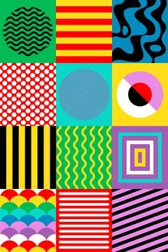 Colorful Geometric Abstract Pattern Background with Bold Retro Shapes Stock Illustration