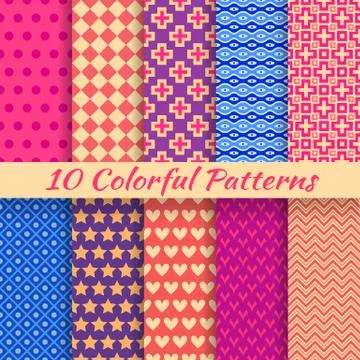 Colorful geometric bright seamless patterns (tiling). Stock Illustration