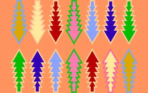 Colorful Geometric Christmas Tree Pattern With Retro Zigzag Arrows On Peach.. Illustrazione stock