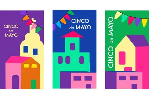 Colorful geometric cinco de mayo celebration posters with mexican architecture Ilustración de archivo