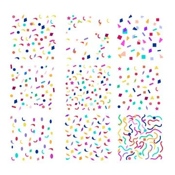 Colorful geometric confetti patterns decorating white background Stock Illustration