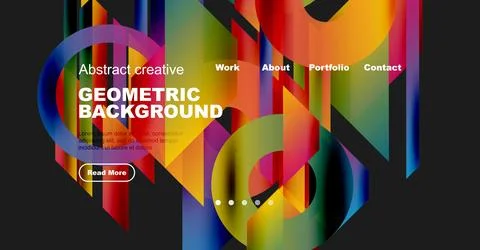 Colorful geometric design. Website header features abstract shapes, text, Stock Illustration