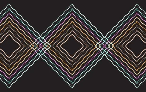 Colorful Geometric Diamond Pattern With Retro Pixel Dotted Lines On Dark Ba.. Stockillustratie