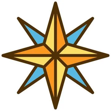 Colorful geometric eight pointed compass star icon with thick outline. Stock-Illustration
