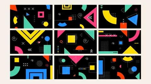 Colorful Geometric Elements Black Background Set Stock Illustration