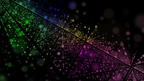 Colorful geometric light patterns radiating in a dark space, creating an 스톡 동영상 278140945