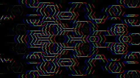 Colorful geometric lines create patterns on a dark background 動画素材 332908267