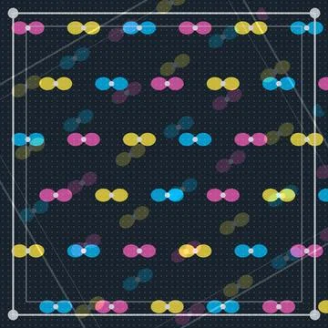 Colorful geometric molecular pattern with connected dots on dark grid backg.. Stock Illustration