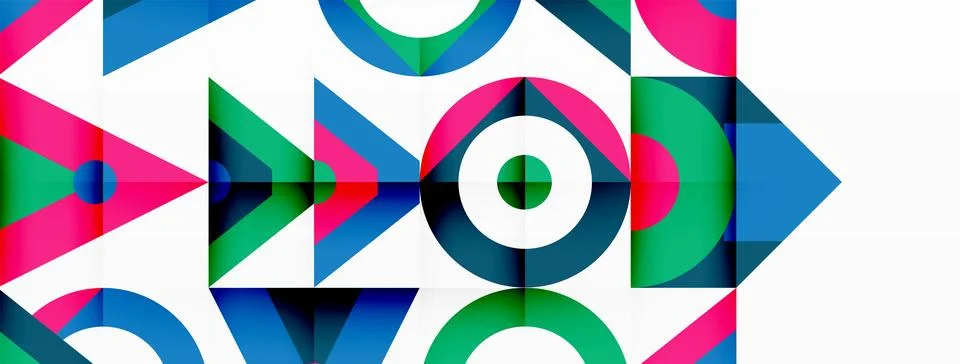 A colorful geometric pattern with arrows and circles on a white background Stock Illustration