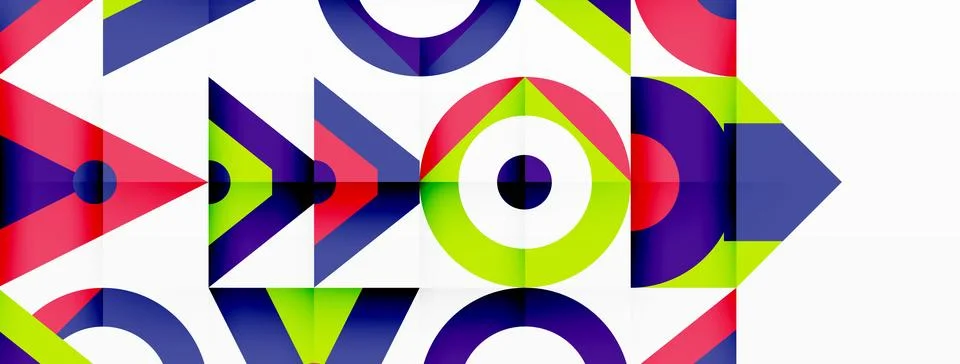 A colorful geometric pattern with arrows and circles on a white background Stock Illustration