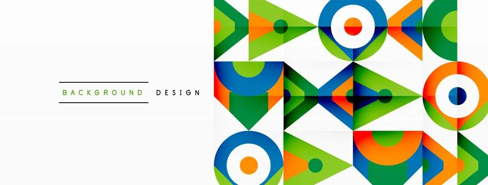 Colorful geometric pattern with arrows, circles, and shapes on white background Stock Illustration