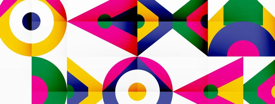 A colorful geometric pattern with circles and triangles on a white background Illustrazione stock