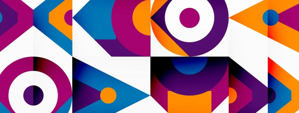 Colorful geometric pattern with circles and triangles on white background Stock Illustration