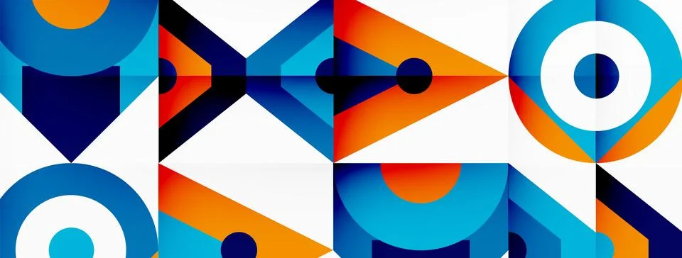 A colorful geometric pattern with circles and triangles on a white background Stock Illustration