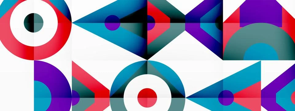 A colorful geometric pattern with circles and triangles on a white background Stock Illustration