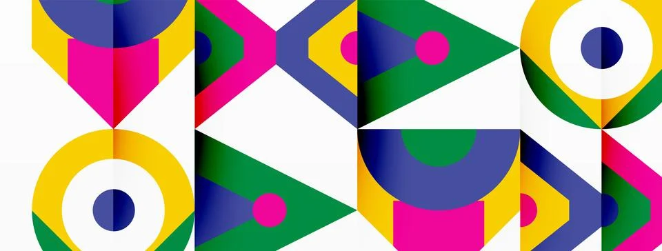 A colorful geometric pattern with circles and triangles on a white background Illustrazione stock