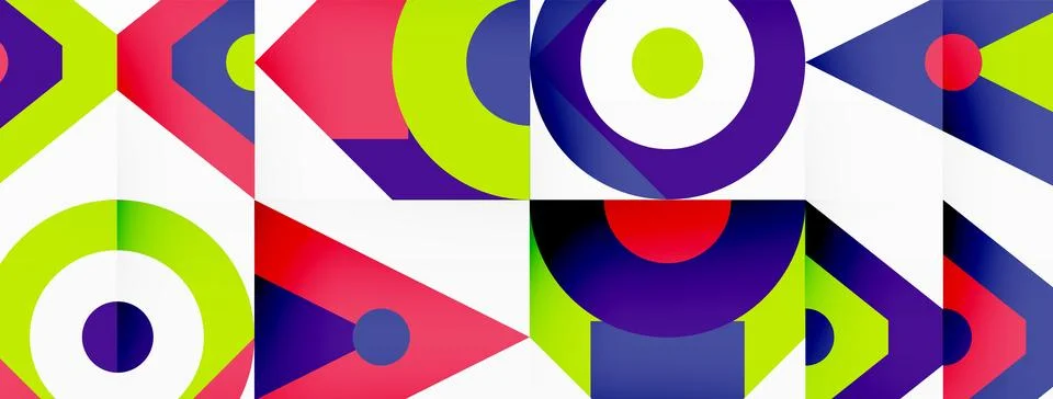 A colorful geometric pattern with circles , triangles , and arrows on a white 스톡 일러스트