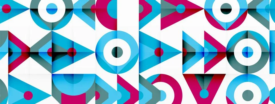A colorful geometric pattern with circles , triangles , and arrows on a white Illustrazione stock