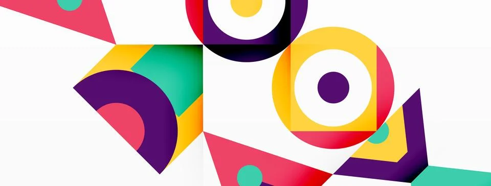 Colorful geometric pattern featuring circles and triangles on a white canvas Stock Illustration