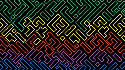 Colorful Geometric Pattern Featuring Intricate Angular Maze Design on Black.. Illustrazione stock