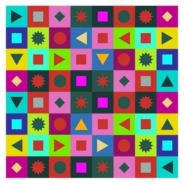 Colorful geometric pattern featuring various shapes and vibrant colors in a.. Stock Illustration