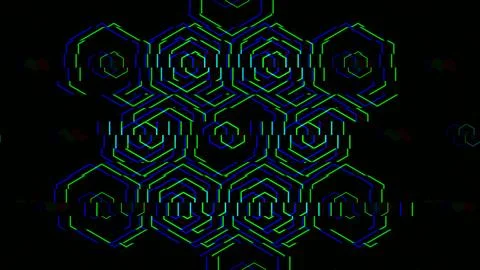 Colorful geometric pattern with hexagons and lines on dark background Stock Illustration