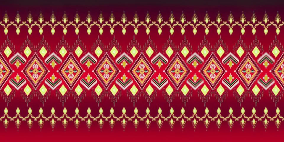 Colorful geometric pattern on red fabric with gold accents Illustrazione stock