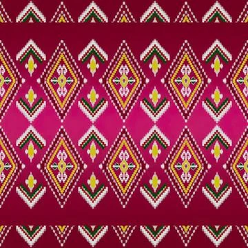 Colorful geometric pattern on a red fabric background イラスト素材