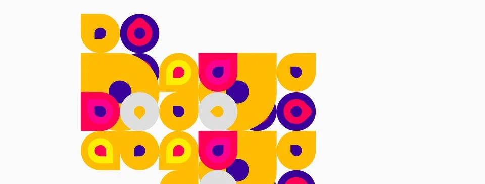 Colorful geometric pattern. Squares, circles overlap creating vibrant design. Stock Illustration