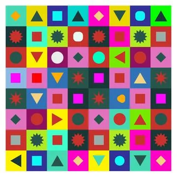 Colorful geometric pattern with various shapes arranged in a grid creating .. Stock Illustration