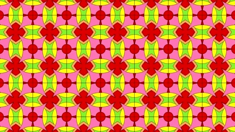 Colorful geometric pattern on yellow background with red and pink shapes 스톡 동영상 332644578