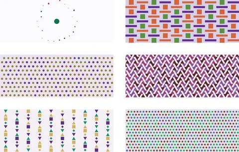 Colorful geometric patterns with circles squares and lines in various shape.. Ilustração Stock