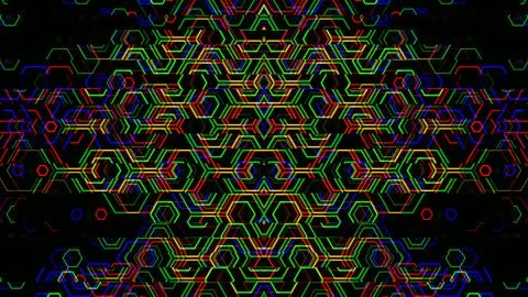 Colorful geometric patterns create a digital design in a dark space Stock Illustration