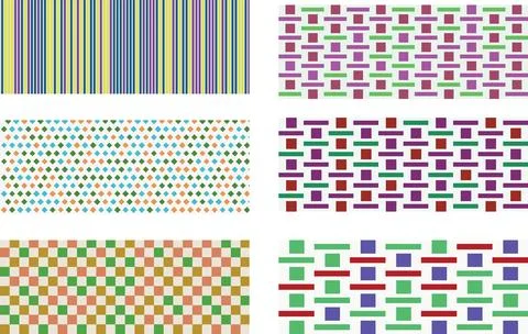 Colorful geometric patterns featuring stripes and shapes in various designs.. Ilustración de archivo