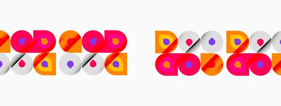 Colorful geometric patterns repeat across white background. Shapes include Stock Illustration