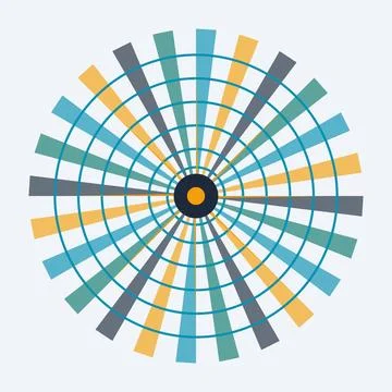 Colorful geometric radial pattern with overlapping rectangles and circles o.. Stock Illustration