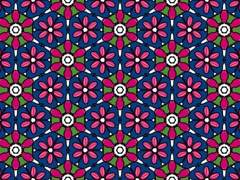 Colorful geometric seamless pattern with vibrant floral kaleidoscope shapes. Illustrazione stock