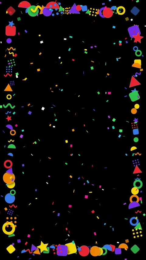 Colorful Geometric Shape Border with Falling Confetti on Black Background Stock Footage 344518931