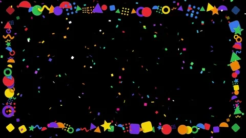 Colorful Geometric Shape Border with Falling Confetti on Black Background Stock Footage 345206625