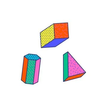 Colorful geometric shape set with 80s retro style patterns Stock Illustration