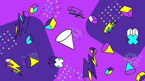 Colorful geometric shapes and pattern elements in an abstract design on purple Stock Footage 304941126