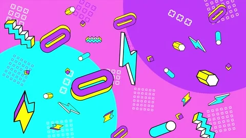Colorful geometric shapes and pattern elements in an abstract style on pink Stock Footage 304941141