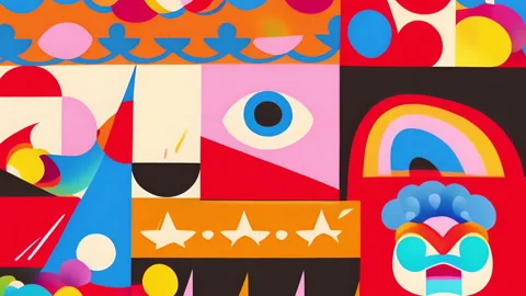 Colorful geometric shapes and patterns animation with eye and rainbow elements Stock Footage 308771734