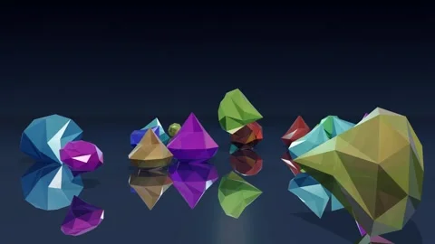 Colorful geometric shapes falling and bouncing on a reflective surface Stock Footage 340664457